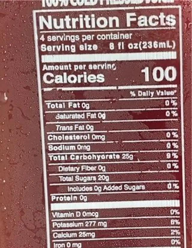 100% Cold Pressed Juice nutrition facts table