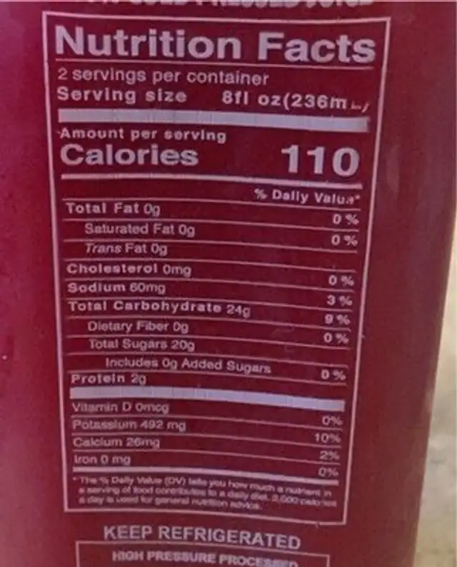 100% Cold Pressed Juice nutrition facts table