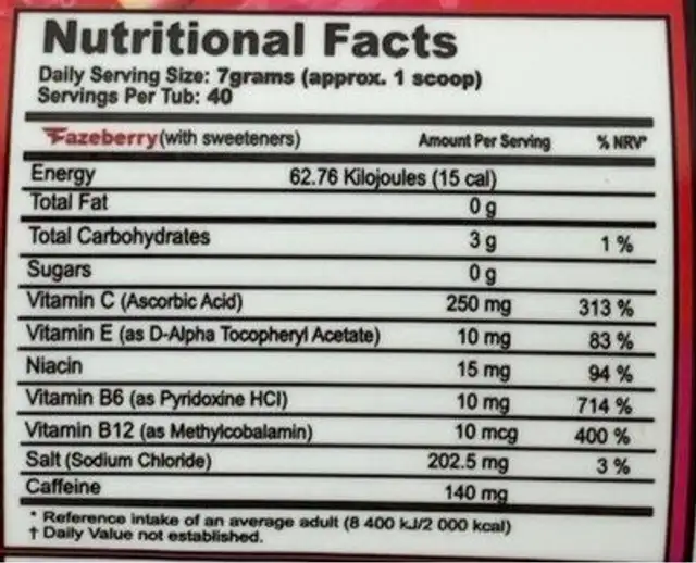 G Fuel FazeBerry nutrition facts table