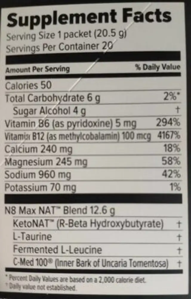 Keto//os Nat nutrition facts table