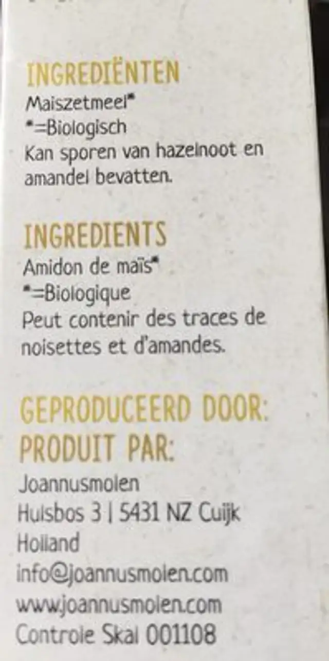 Amidon de mais ingredients label