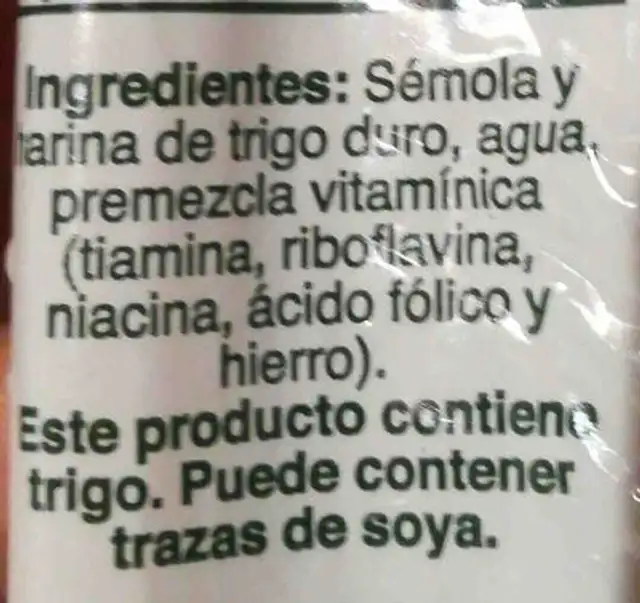 espagueti L'ITALIANA Pasta ingredients label