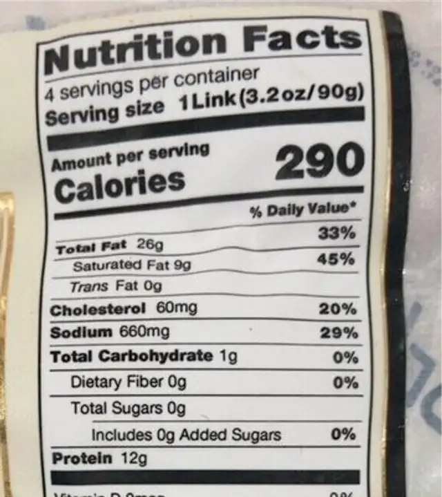 Cooked bratwurst nutrition facts table