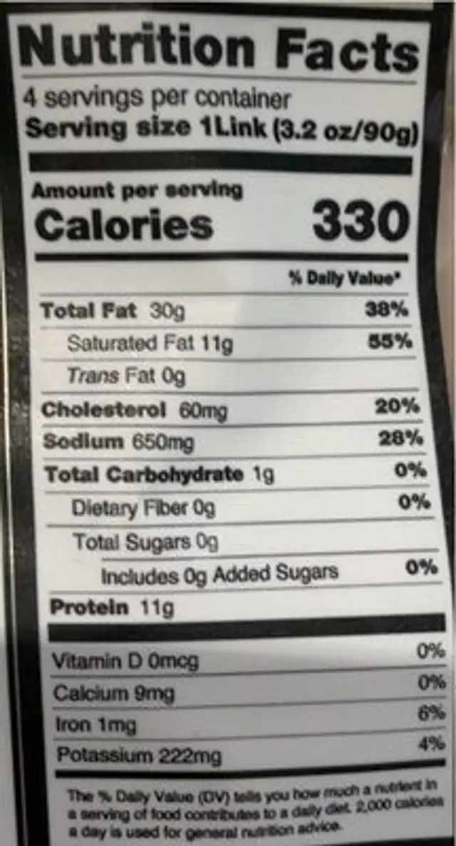 Truffle Brats nutrition facts table