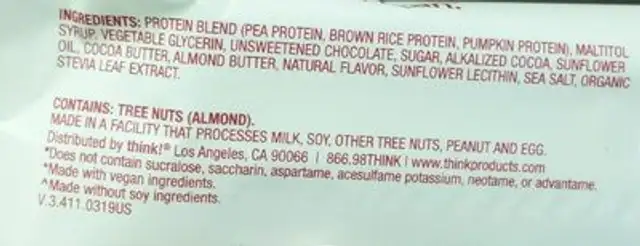 Chocolate mint plant based high protein bar ingredients label