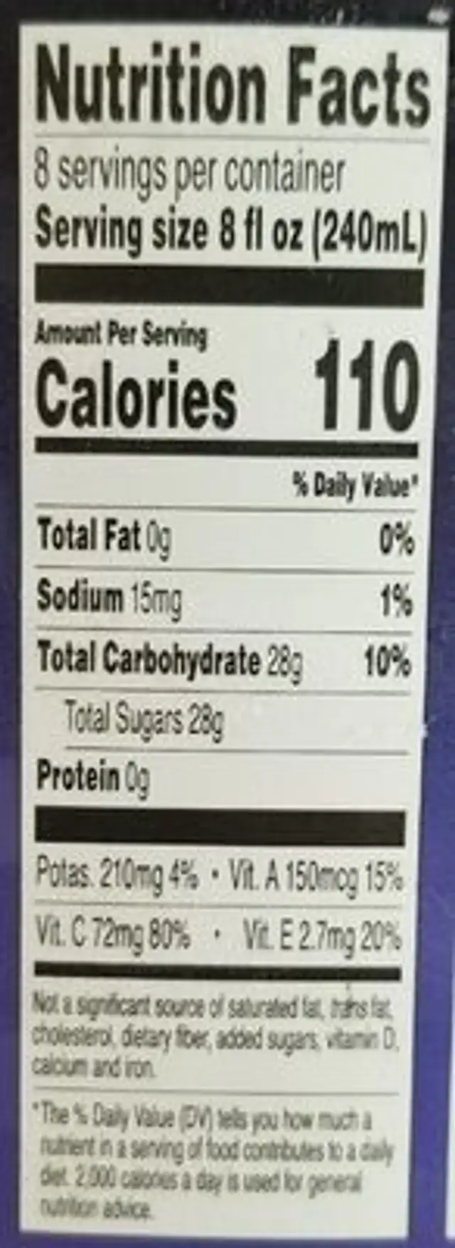 Cranberry Grape Juice nutrition facts table