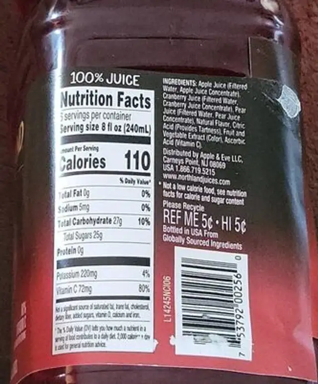 NorthLand Cranberry juice nutrition facts table