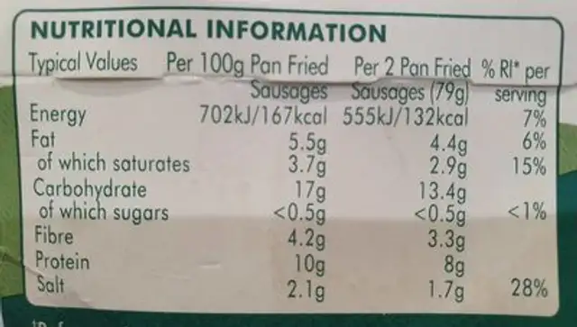 meat free sausages nutrition facts table