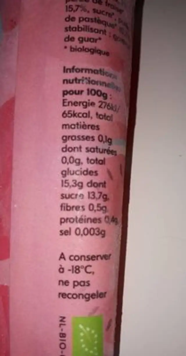 Berry Poptail Organic Sorbet nutrition facts table
