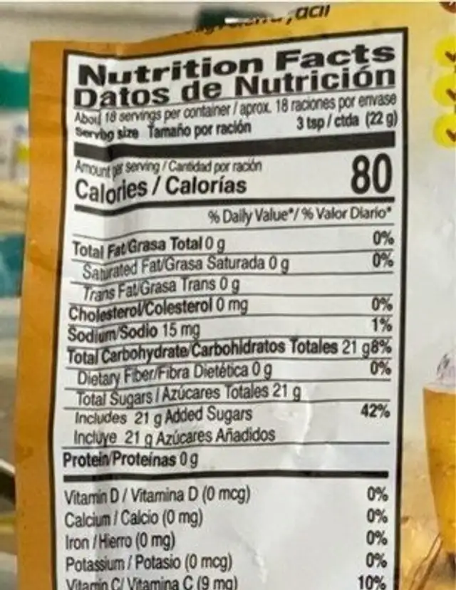 Fruit flavored sweetened drink mix pouch each nutrition facts table