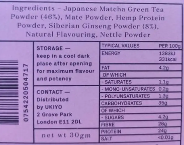Matcha Blueberry ginseng nutrition facts table