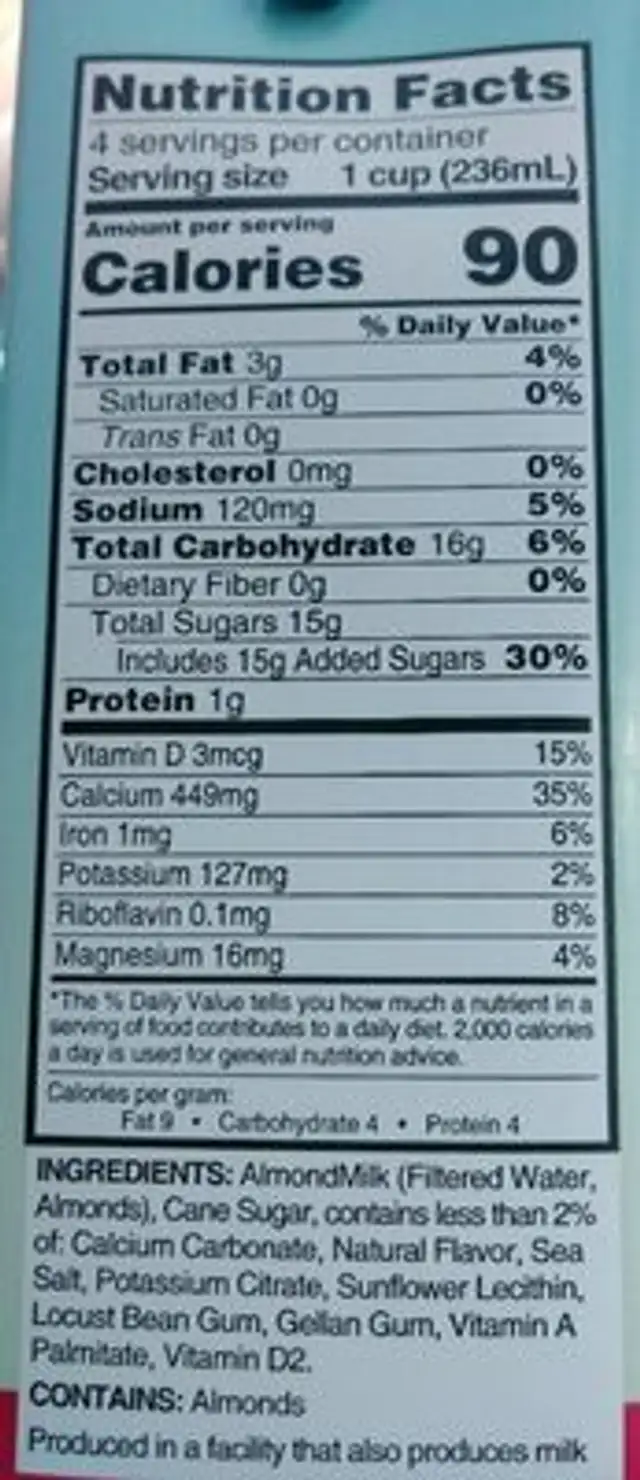 Almond vanilla milk nutrition facts table