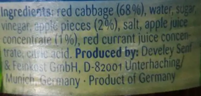 Bayerischer Rotkohl ingredients label