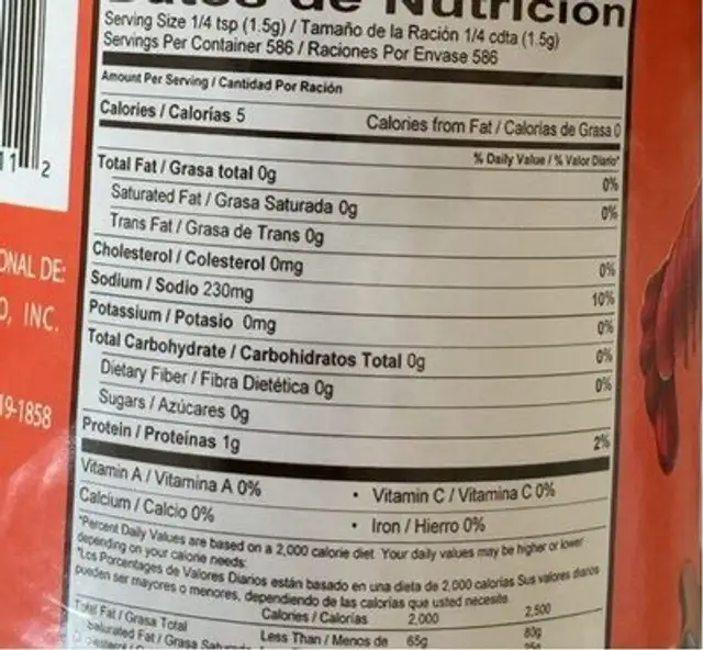 sazón nutrition facts table