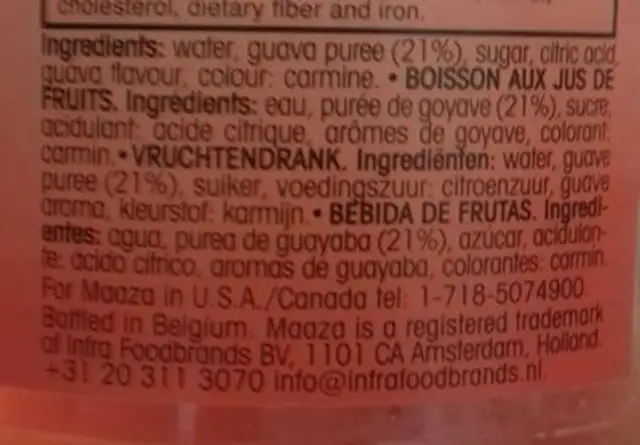 Guava Juice ingredients label