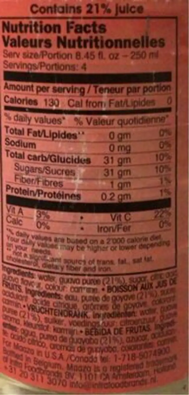 Guava Juice nutrition facts table