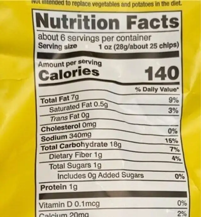 Creamy Onion & Chive Flavored Veggie Chips nutrition facts table