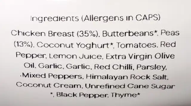 Grilled Piri Piri Chicken with Beans and Macho Peas ingredients label