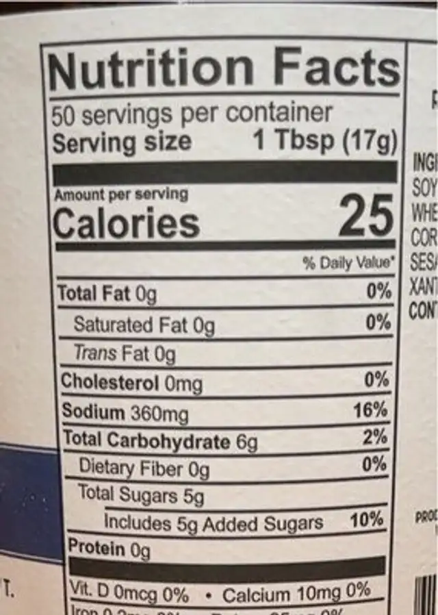 Marinade & sauce nutrition facts table