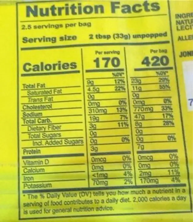 Microwave popcorn nutrition facts table