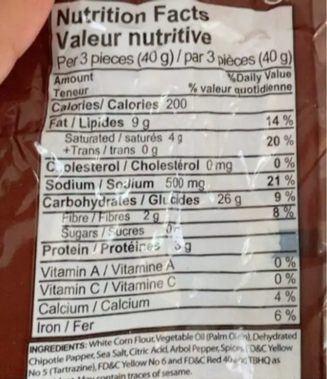 Tostadas nutrition facts table
