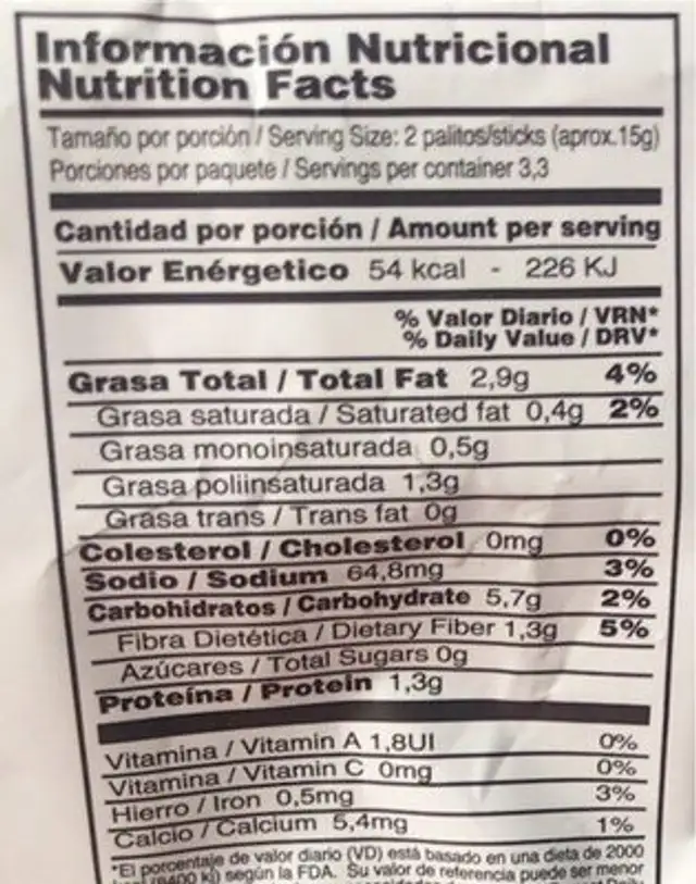 Palitos de ajonjoli nutrition facts table