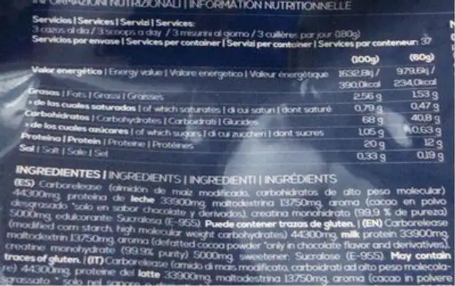 Creatina nutrition facts table