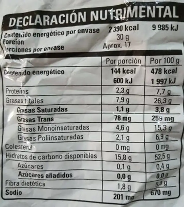 Barcel Chip's Jalapeño nutrition facts table