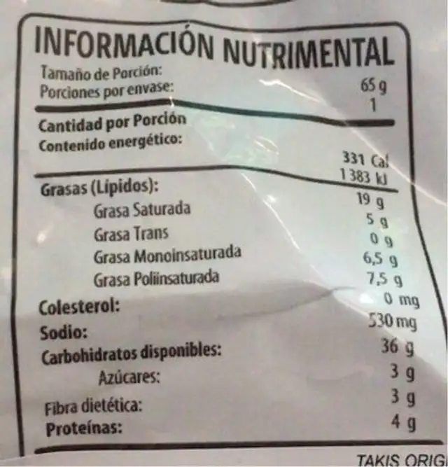 Takis Original nutrition facts table