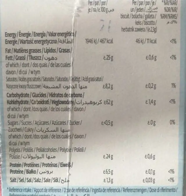 Digesta Mini Chocolate Chip Cookie nutrition facts table