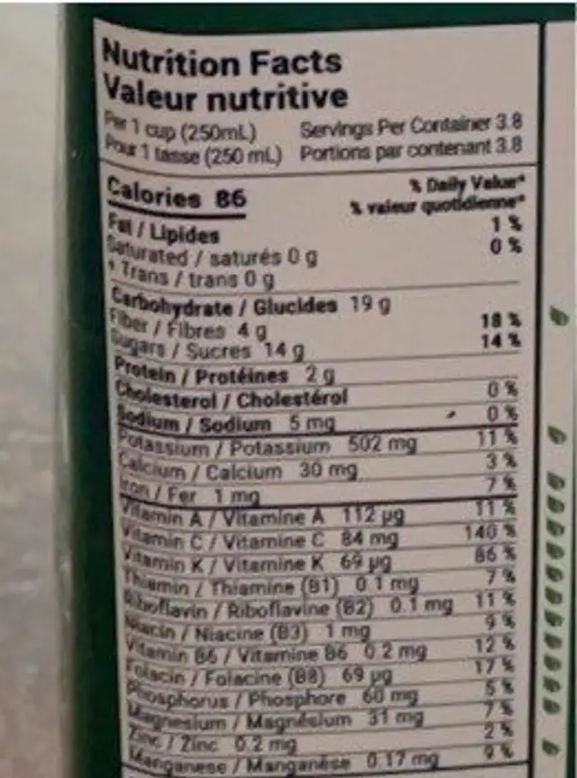 Green Juice nutrition facts table