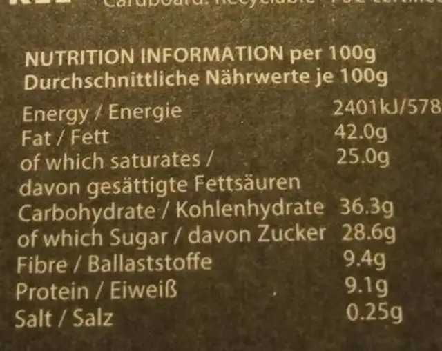cioccolato peruviano nutrition facts table