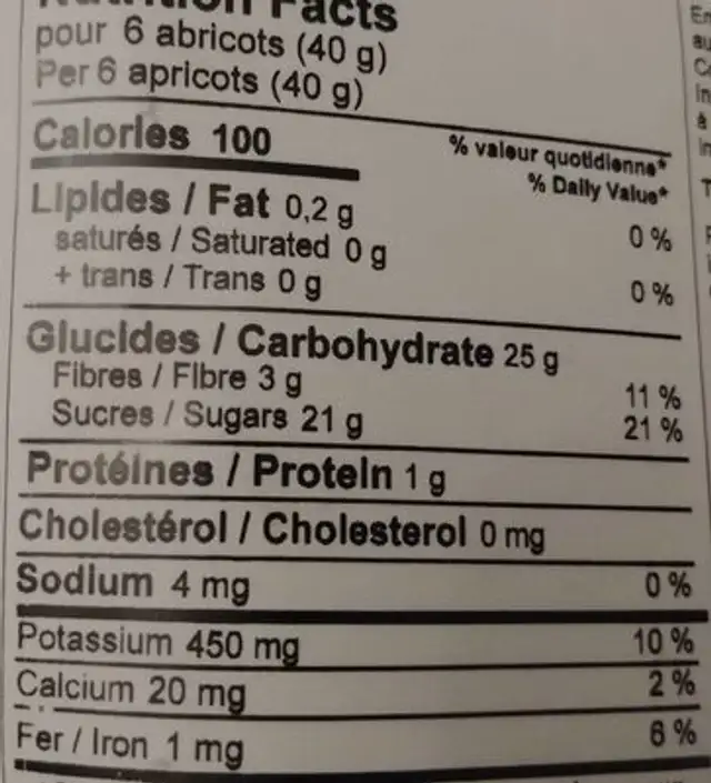 Abricots séchés biologiques nutrition facts table