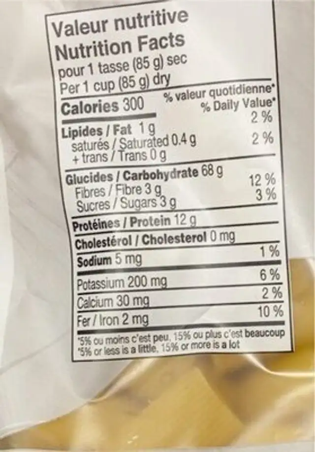 Pates artisanales a sechage lent a basse temperature nutrition facts table
