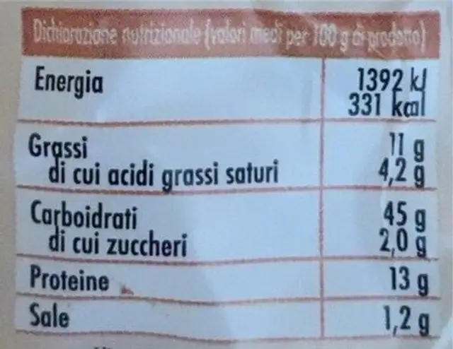 Tortellini con carne nutrition facts table