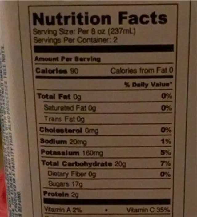 Cold Pressed Juice [the peak] nutrition facts table