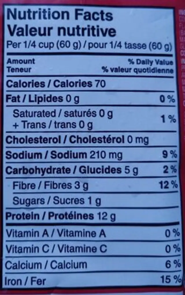 Haché végé nutrition facts table