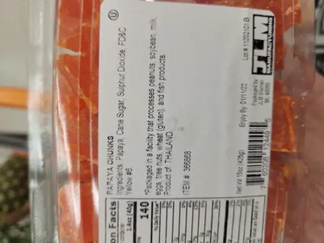 Papaya chunks ingredients label
