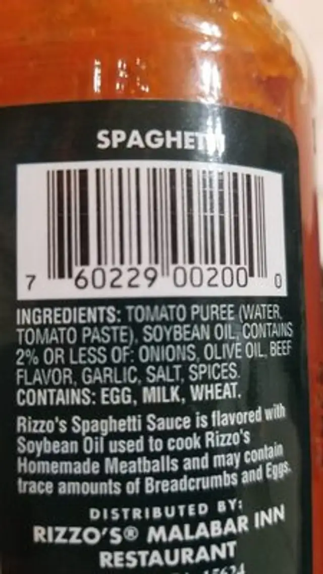 Rizzo's Homemade Spaghetti Sauce ingredients label