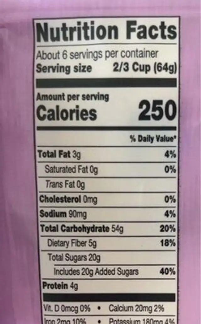 Mixed Berry Granola nutrition facts table