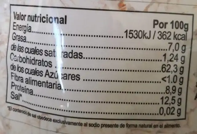 Harina de avena nutrition facts table