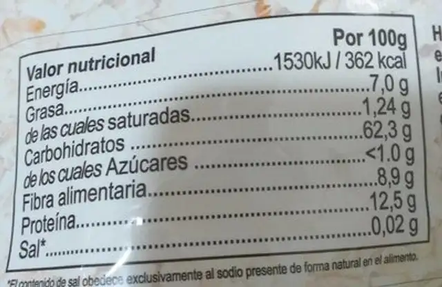 Harina de Avena nutrition facts table