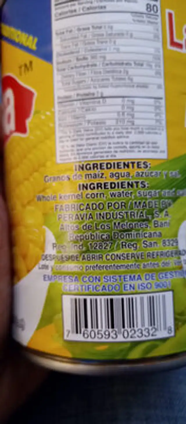 Sweet Corn ingredients label