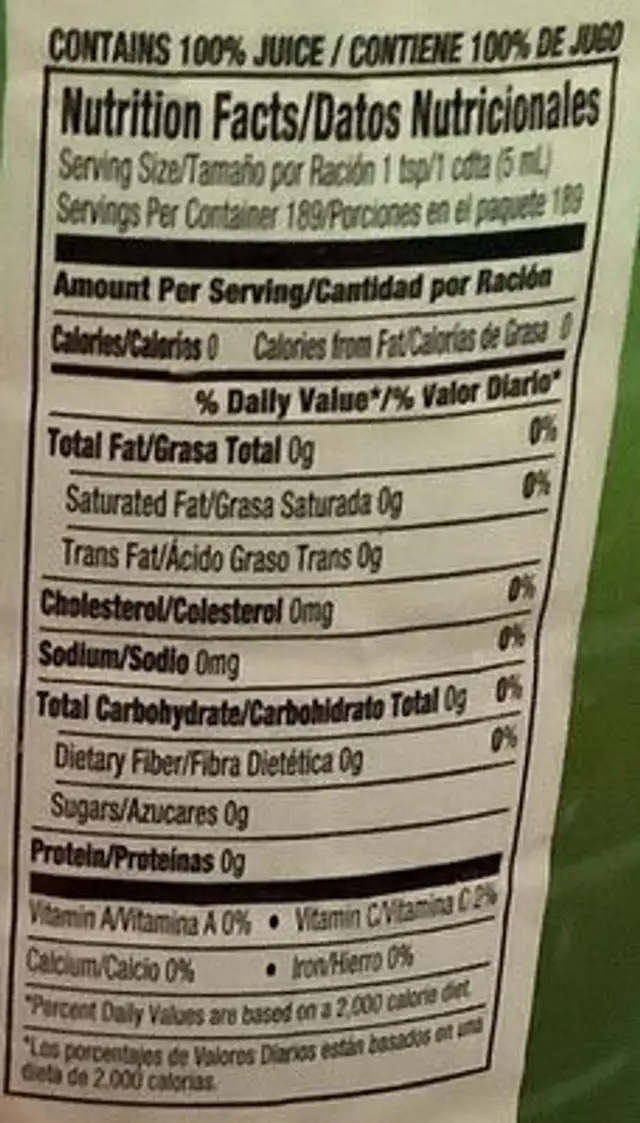 Lime Juice From Concentrate nutrition facts table