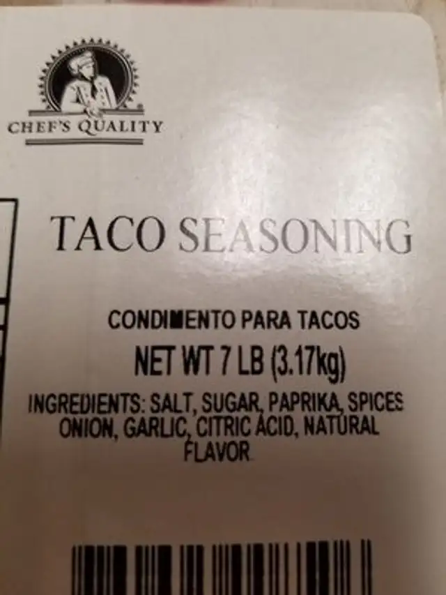 Taco Seasoning ingredients label