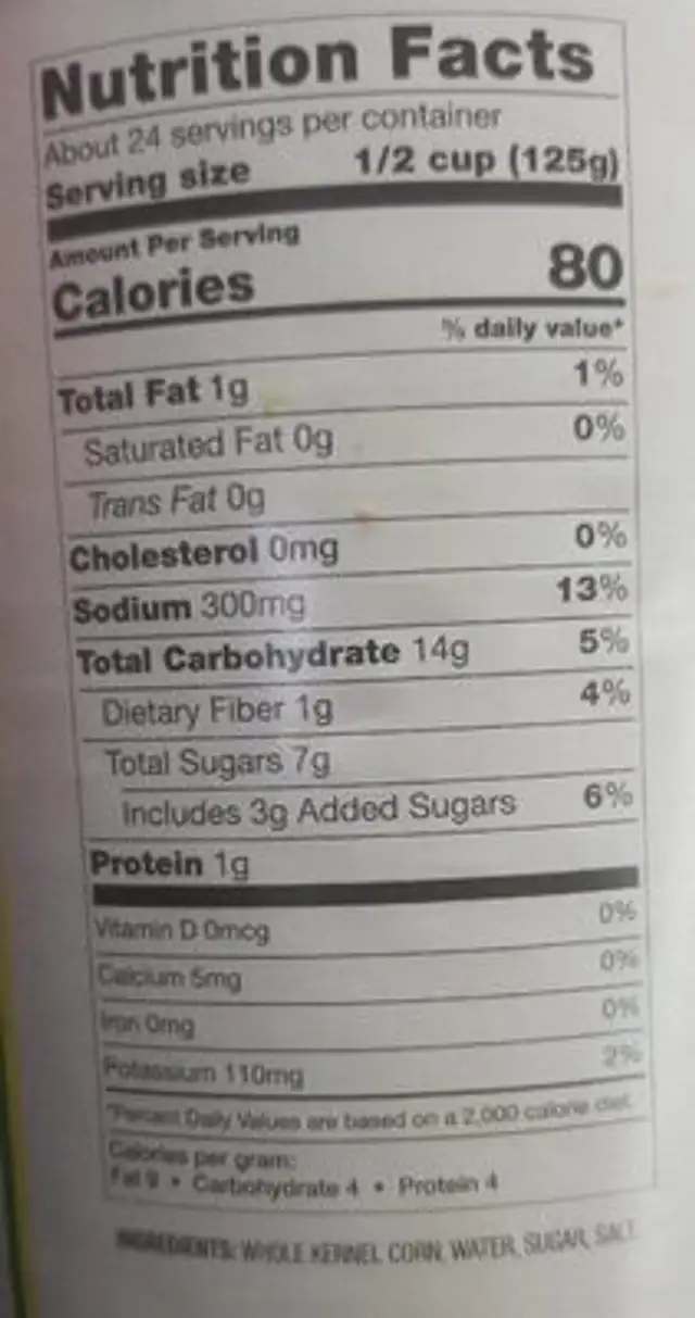 Whole kernel corn nutrition facts table