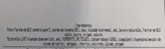 Pizza orientale ingredients label