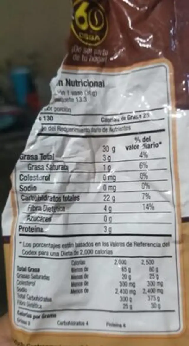 Pinolillo Sasa nutrition facts table