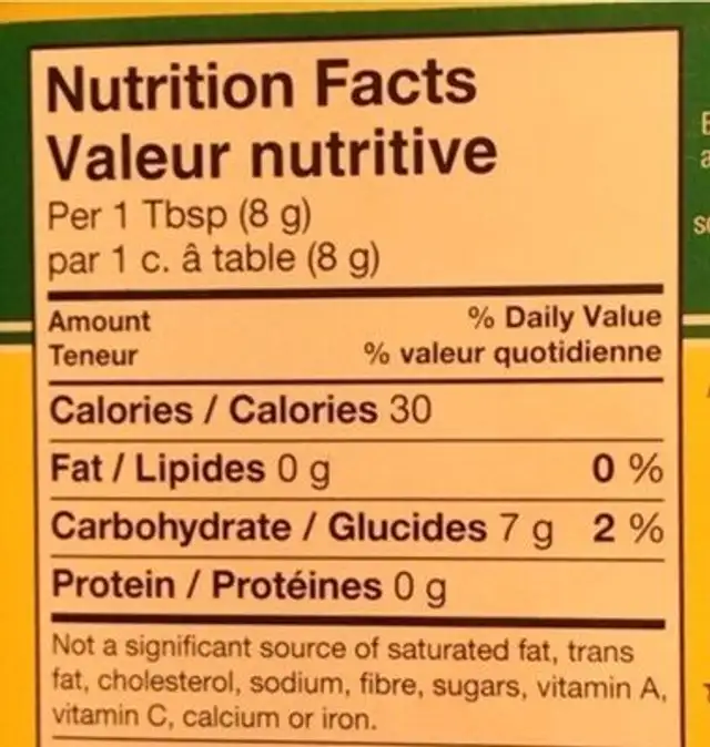 Corn starch nutrition facts table
