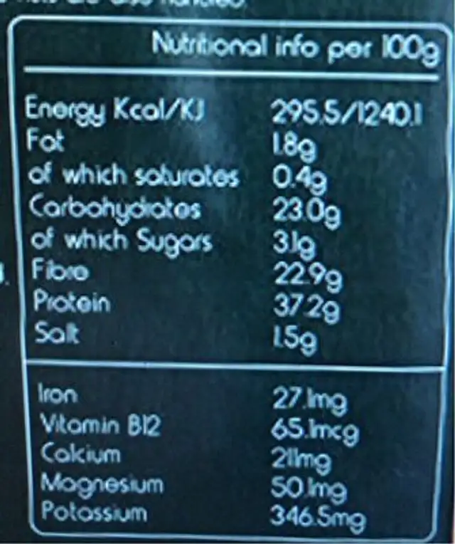 Pure Greens nutrition facts table